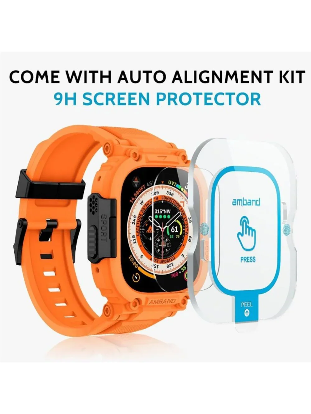 Rugged Apple Watch Case & Screen Protector, 49mm, Tempered Glass, Orange Strap